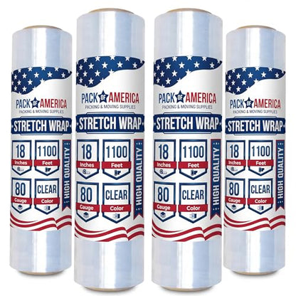 Pack of America Stretch Film - 4 Roll Clear, 18” x 1100 Feet, 80 Gauge (20 Micron) Industrial Heavy Duty Plastic Shrink Wrap and Dispenser for Packing, Shipping, Pallet, Moving Supplies