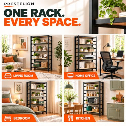 Metal Book Shelf, Adjustable Tall Bookcase, No Assembly Storage Shelves - size: Wood-28''Wx 12''Dx 63''H