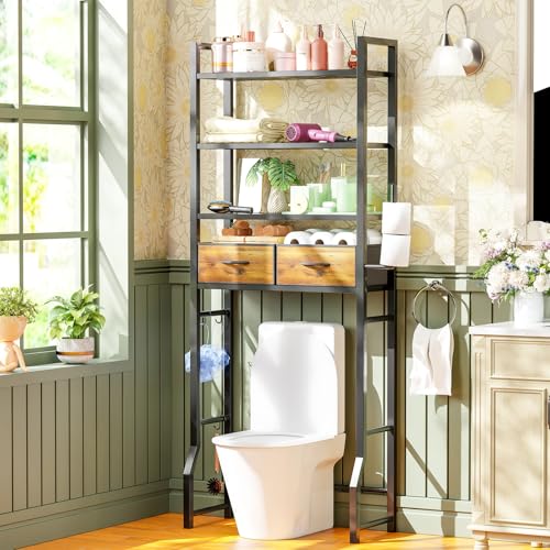 Simple Trending 4 Tier Over The Toilet Storage with Drawers, Heavy Duty Bathroom Stand Organizer Metal Shelves for Laundry, Black - color: 4-tier Black With Drawers
