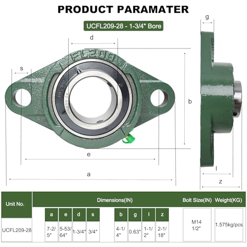 2 Pack UCFL209-28 Pillow Block Bearing – Flange 2 Bolt Mounted Pillow Block Bearings – Bearing Steel Bearings with 1-3/4" Bore - Self-aligning Bearings with Solid Cast Iron Base - style: UCFL209-28