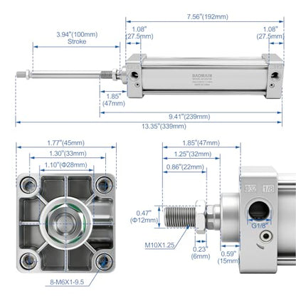 Baomain Pneumatic Air Cylinder SC 32x125, Double Acting Air Cylinder, 1-1/4" Bore 4.92" Stroke, PT 1/8 Port, M10x1.25 Rod, Aluminum Alloy, with Mounting Brackets & Push-in Fittings