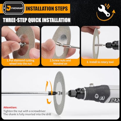 10Pcs 40mm Diamond Cutting Disc Cut Off Wheels with 2Pcs Mandrel 1/8'' Shank Stone Blade for Rotary Tool Drill Attachment Cutting Discs Polishing Glass Tiles Marble Plastic Jade (1.57in)