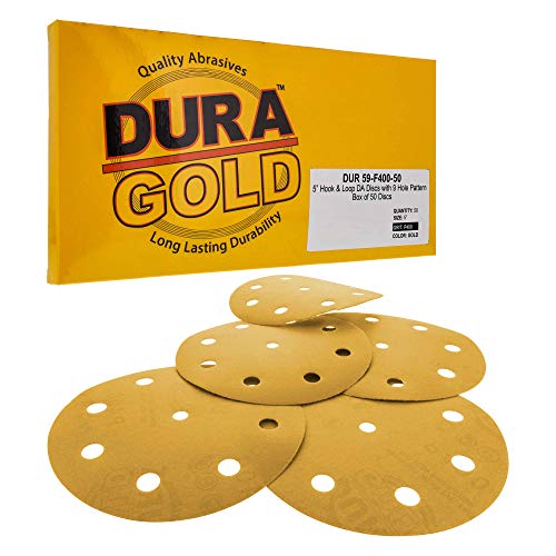 Dura-Gold 5" Gold Sanding Discs, 400 Grit, Box of 50, 9 Hole Pattern, H & L - size: 400-Grit