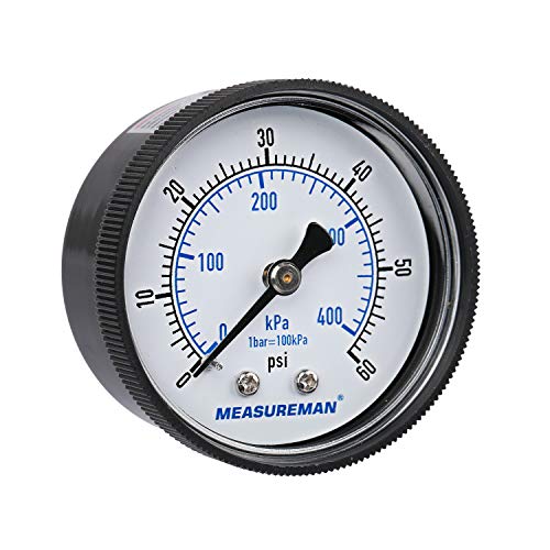 MEASUREMAN 2" Swimming Pool Pressure Gauge, 1/4" NPT Back Mount, 0-60psi/kpa, Plastic Case - size: Back 60psi/Kpa