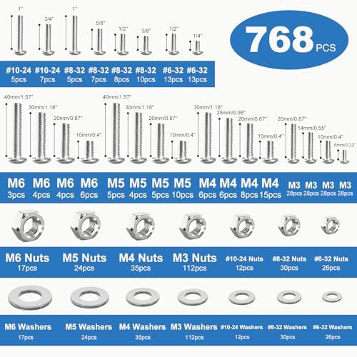 768PCS Nuts and Bolts Assortment Kit, M3 M4 M5 M6#6-32#8-32#10-24 Phillips Head Machine Screws Assorted Set with Storage Case, Metric SAE Bolts Nuts and Flat Washers Kit - color: Silver, size: 768PCS-M3 M4 M5 M6 #6 #8 #10