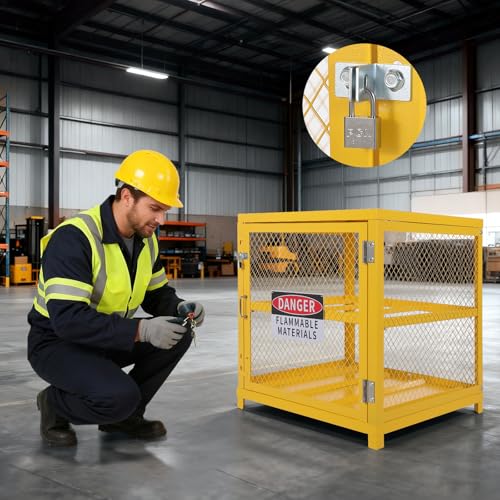 Hazardous Storage Cabinets Heavy-Duty 4 Cylinder Capacity, Powder Coated Steel Propane Tank Cage w/Lock & Guardrails, Compact Workshop Storage for Gas Cylinders, 31x30x35 Inch
