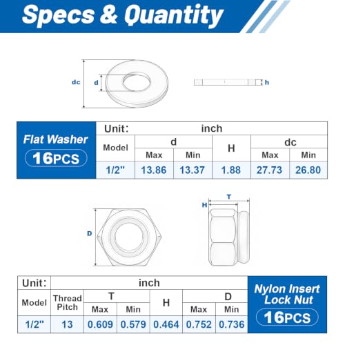 1/2-13 Lock Nut 32Pcs Stainless Steel Nylock Locking Nuts with Washers - size: locknuts-1/2" 32pcs