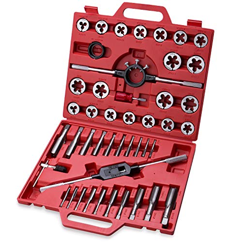 45-Piece Premium Large Size Tap and Die Set - SAE 1/4, 5/16, 3/8, 7/16, 1/2, 9/16, 5/8, 3/4, 7/8, 1”, Both Coarse and Fine Teeth | Essential Threading and Rethreading Tool with Handle Wrench and Case - style: Inch