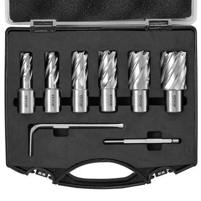 VEVOR Annular Cutter Set, 6 pcs Weldon Shank Mag Drill Bits, 1" Cutting Depth, 1/2" to 1-1/16" Cutting Diameter, M2AL High-Speed Steel, with Pilot Pin and Portable Case, for Using with Magnetic Drills - size: 1/2"- 1-1/16 * 1"