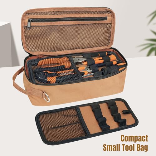 13 Inch Portable Small Tool Bag, Heavy Duty Tool Organizer Bag with Shoulder Strap and D-ring Clip, Tactical Tool Bag, Tool Pouch Bag for Electricians, Carpenters, HVAC Technicians (Brown) - color: Brown