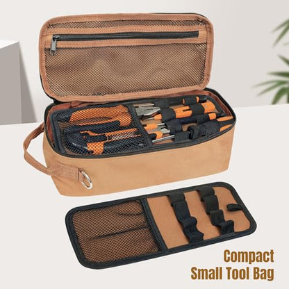 13 Inch Portable Small Tool Bag, Heavy Duty Tool Organizer Bag with Shoulder Strap and D-ring Clip, Tactical Tool Bag, Tool Pouch Bag for Electricians, Carpenters, HVAC Technicians (Brown) - color: Brown