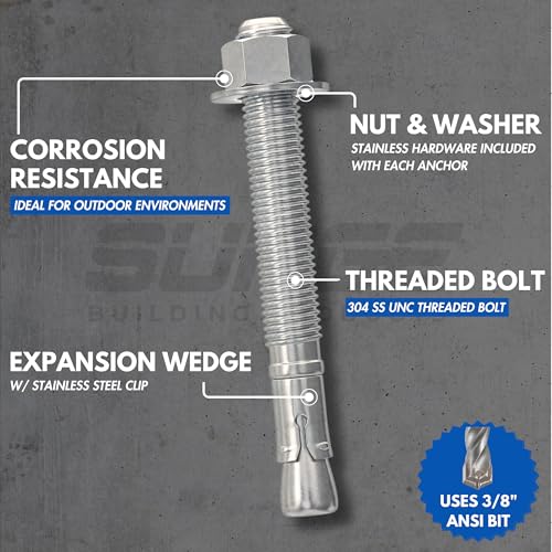 3/8" X 5" 304 Stainless Steel Wedge Anchors for Concrete (Box of 50) - size: 3/8" X 5"