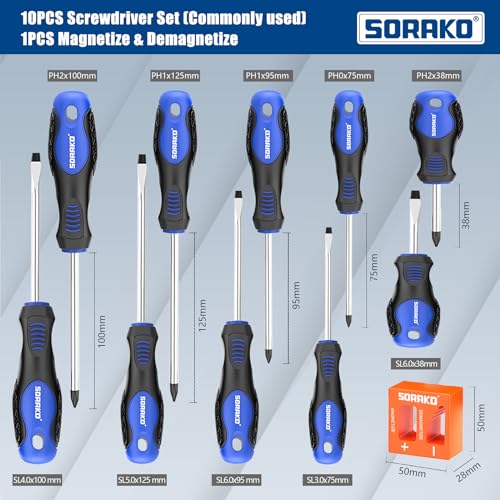 SORAKO 12 Piece Magnetic Screwdriver Set 5 Phillips and 5 Flat 1 Magnetising Tool 1 Storage Bag Professional Cushion Grip Hand Tools Set for Fastening and Loosening Seized