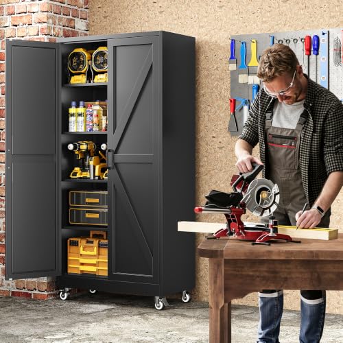 72"Metal Garage Storage Cabinets with Wheels & Adjustable 4 Shelves - color: Black, size: 72"H x 33.5"W x 17.7"D