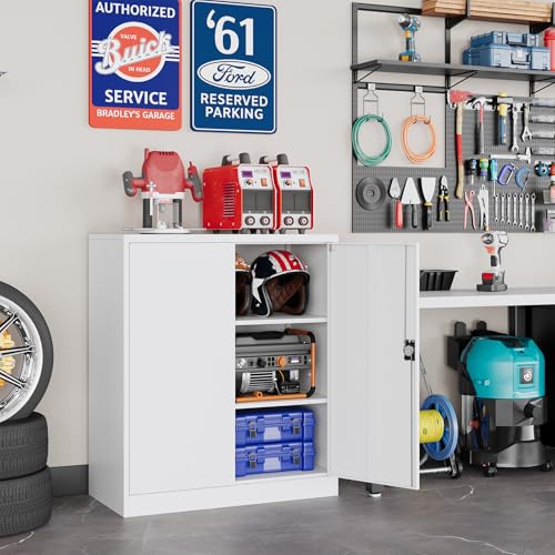 Metal Garage Storage Cabinets with Lock, 36" Tall Tool Cabinet with 2 Door and 2 Adjustable Shelves, Locking Garage Cabinets and Lockable Steel Locker for Home Office Warehouse - (White-36”H) - color: White, size: 36"H