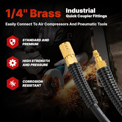 Hybrid Air Hose, 3/8-Inch by 50 Feet Air compressor Hose,Heavy Duty, Lightweight, Kink Resistant, All-Weather Flexibility with 1/4" Industrial Quick Coupler Fittings, Bend Restrictors,300PSI,Black - size: 50FT