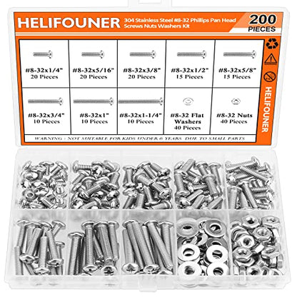 HELIFOUNER 200 Pieces #8-32 Phillips Pan Head Machine Screws Nuts Washers Assortment Kit, Coarse Thread, Fully Machine Threaded, 304 Stainless Steel - size: #8-32, style: Phillips Pan Head
