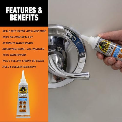 Gorilla 100% Silicone Caulk, 2.8 oz, 10 Year Mold Resistant, Clear, 2-Pack - color: Clear, size: 2 - Pack