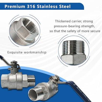 1 Inch 316 Stainless Steel Ball Valve NPT Full Port 2-Pack - size: 316 1" NPT F x M