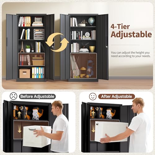 71" H Garage Storage Cabinet with 2 Doors and 4 Adjustable Shelves, Metal Storage Cabinet, Tool Storage Cabinet with Lock, Utility Cabinets for Home Office, Garage, Shop, Warehouse - size: 71H*32W*16D