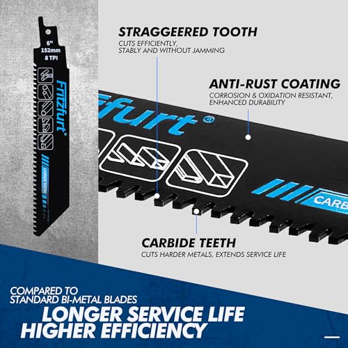 6-Inch Carbide Teeth Reciprocating Saw Blades, 8 TPI Metal Cutting Blade, 3 Pack – for Stainless Steel, Cast Iron, and High-Strength Alloys - size: 3pcs 6" 8TPI