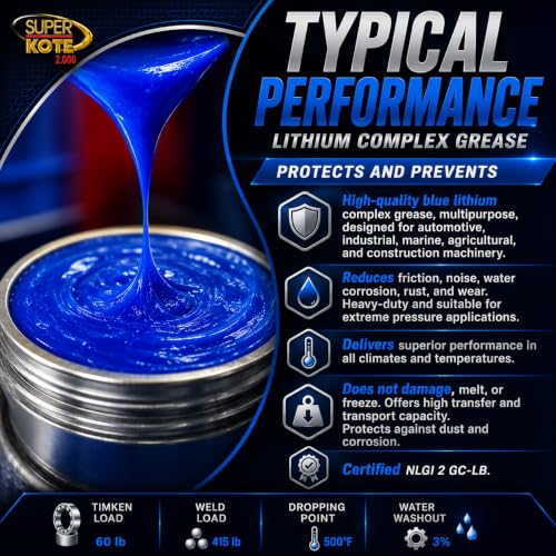 Lithium Complex Grease | Lubricant | Superkote 2000 Multipurpose | NLGI 2 | EP | High Temp | Automotive | Construction | Industry | Gear | Wheel Bearing | Axle | Ball Joint | Blue | 1 LB Can