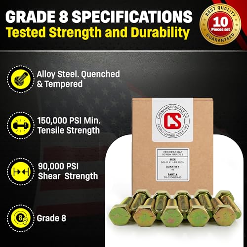 Chenango Supply 5/8-11 x 1-3/4" Grade 8 Hex Head Cap Screws - size: 5/8-11 x 1-3/4" Hex Bolt