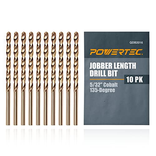 POWERTEC 5/32" Cobalt Drill Bits - 10 Pack - 3-1/8" Length - M35 HSS Jobber Length Twist Bits with 135° Tip for Drilling Wood, Metal, Stainless Steel, Nickel Alloy, Cast Iron & Plastic (QDB2016) - style: 10PK 5/32" Cobalt Drill Bit (3-1/8" L)
