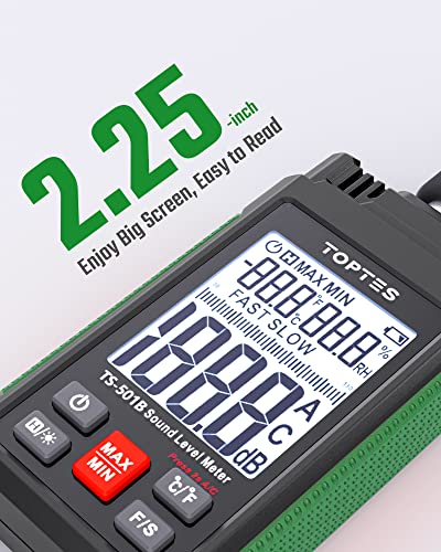 Decibel Meter, TopTes TS-501B Sound Level Meter with 2.25” Backlit LCD Screen, A/C Weighted, Range 30-130dB, Temperature & Humidity, MAX/MIN, Data Hold, Use for Home, Noisy Neighbor, Factory - Green - color: Green