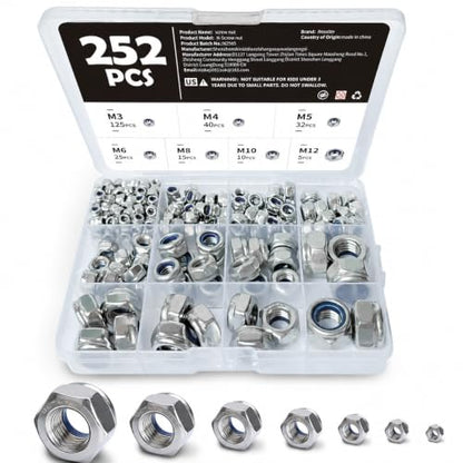 252 Pcs Metric Stainless Steel Nylon Insert Lock Nuts Assortment