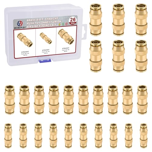 26PCS 1/4" 3/8" 1/2" Brass Dot Air Line Fittings Kit, Straight Union - size: 1/4" + 3/8" + 1/2"