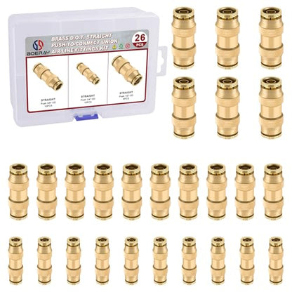 26PCS 1/4" 3/8" 1/2" Brass Dot Air Line Fittings Kit, Straight Union - size: 1/4" + 3/8" + 1/2"