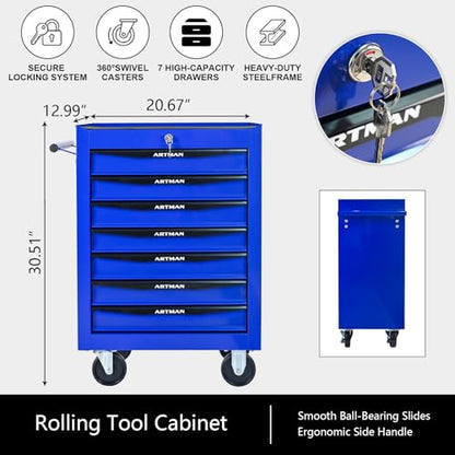 7-Drawer Rolling Tool Chest, Lockable for Garage, Blue - color: Blue, size: 7-Drawers
