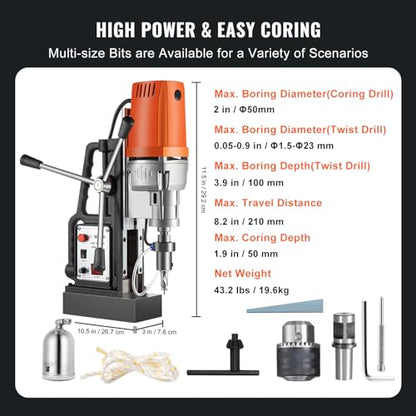 VEVOR 1680W MD50 Magnetic Drill 300 RPM Spindle Speed Electric Magnetic Drilling System with 2 Inch Boring Diameter and 2900 LBS Magnet Force - size: 2 in