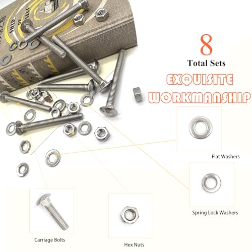 8 Sets 5/16"-18 x3 Carriage Bolts Round Head Square Neck Screws with Hex Nuts Flat Washers Spring Lock Washers 304 Stainless Steel Full Thread Coverage Square Neck Bolts Assortment Kit - size: 5/16"-18 x3"-8 Sets
