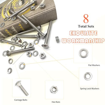 8 Sets 5/16"-18 x3 Carriage Bolts Round Head Square Neck Screws with Hex Nuts Flat Washers Spring Lock Washers 304 Stainless Steel Full Thread Coverage Square Neck Bolts Assortment Kit - size: 5/16"-18 x3"-8 Sets