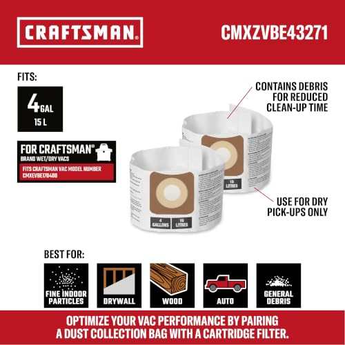CRAFTSMAN CMXZVBE43271 Genuine 4 Gal. Wet Dry Vacuum Dust Collection Bags - style: 4 Gallon Fine Dust