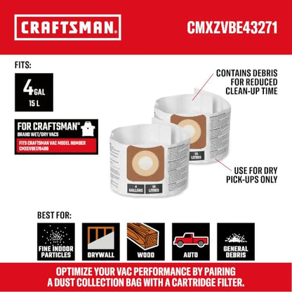 CRAFTSMAN CMXZVBE43271 Genuine 4 Gal. Wet Dry Vacuum Dust Collection Bags - style: 4 Gallon Fine Dust
