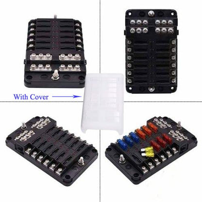 12 Way 12-24V Fuse Box with LED Warning Indicator, 12 Circuits, Negative Bus Fuse Blocks for Car Marine RV Truck DC, Plastic, Chassis Mount