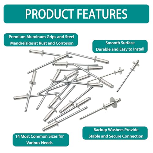 940Pcs 14 sizes Silver Pop Rivets with Washer 3/32" 1/8" 5/32" 3/16" blind rivets for metal Dome Head - color: Silver