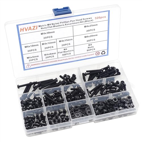 Metric M4 Nylon Phillips Pan Head Screws Nuts Flat Washers Assortment Kit (Black-M4) - color: Black-M4
