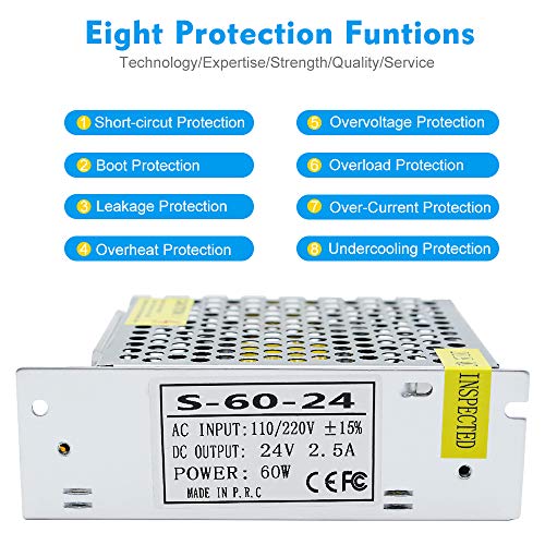 inShareplus 24V 2.5A 60W, DC Universal Regulated Switching Power Supply, Converter AC 100-240V to DC 24 Volt LED Driver, Transformer,Adapter for LED Strip Light, Computer Project - style: 24V 60W