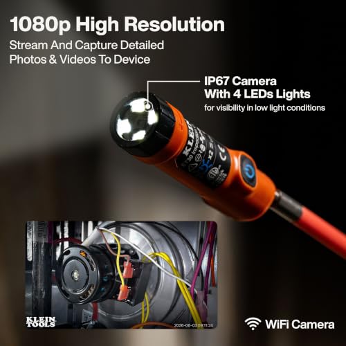 Klein Tools ET30 Wireless Inspection Camera, 1080P High Resolution Borescope with Light, Wi-Fi Enabled for iPhone and Android, Drain Plumbing Diagnosis, Fish Rod Compatible