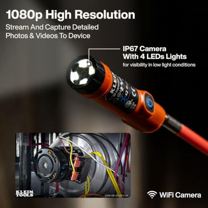 Klein Tools ET30 Wireless Inspection Camera, 1080P High Resolution Borescope with Light, Wi-Fi Enabled for iPhone and Android, Drain Plumbing Diagnosis, Fish Rod Compatible