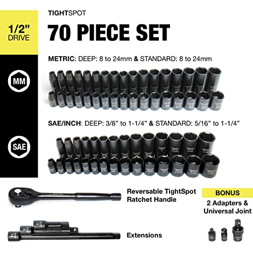 TIGHTSPOT 1/2" Drive 70pc Impact Socket MASTER SET with SAE & Metric from 5/16 Inch - 1-1/4 Inch, 8mm - 24mm, Standard/Deep Sockets with Extension Bars & Adapters & More - size: 1/2" Drive 70pc Impact Socket Set
