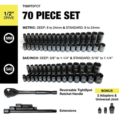 TIGHTSPOT 1/2" Drive 70pc Impact Socket MASTER SET with SAE & Metric from 5/16 Inch - 1-1/4 Inch, 8mm - 24mm, Standard/Deep Sockets with Extension Bars & Adapters & More - size: 1/2" Drive 70pc Impact Socket Set