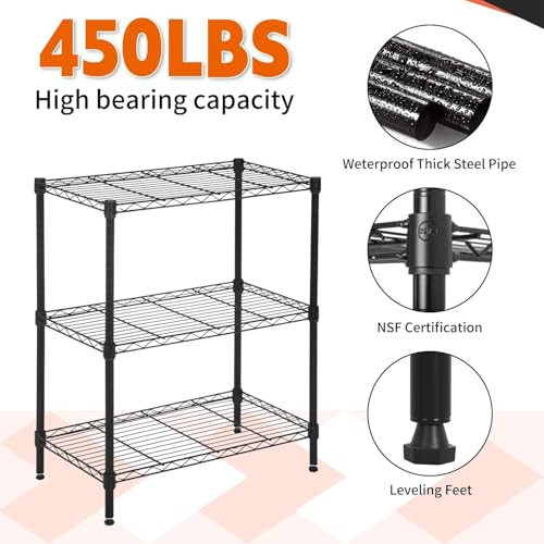 Meet perfect 3-Tier Wire Shelving Unit with Wheels, Black - color: Black, size: 3-Tier, 31.3"H × 23"W × 13"D