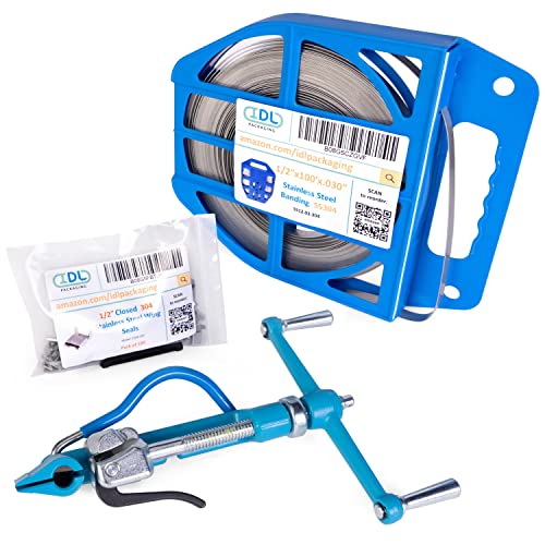 IDL Packaging 1/2" Stainless Steel 304 Banding Kit – Heavy-Duty Banding Tool + 1/2" x 0.03" x 100' Stainless Steel 304 Banding Coil + 100 Stainless Steel Wing Seals - size: 1/2" x 0.03" x 100', style: SS 304 + Seals