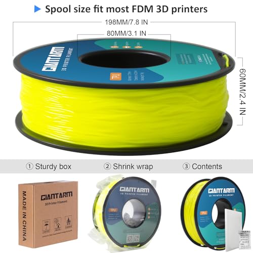GIANTARM 95A TPU 3D Printer Filament 1.75mm, 1kg Spool, Yellow, +/- 0.03mm - color: Tpu-yellow