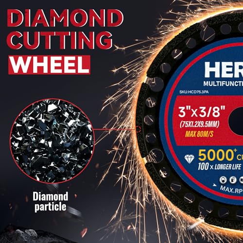 HERZO Diamond Cutting Wheel 3 x 3/8 Inch for Metal, Carbide Cut Off Wheels with 5000+ Cuts on Rebar, Steel, Iron and INOX-3 Pack - size: 3 Inch
